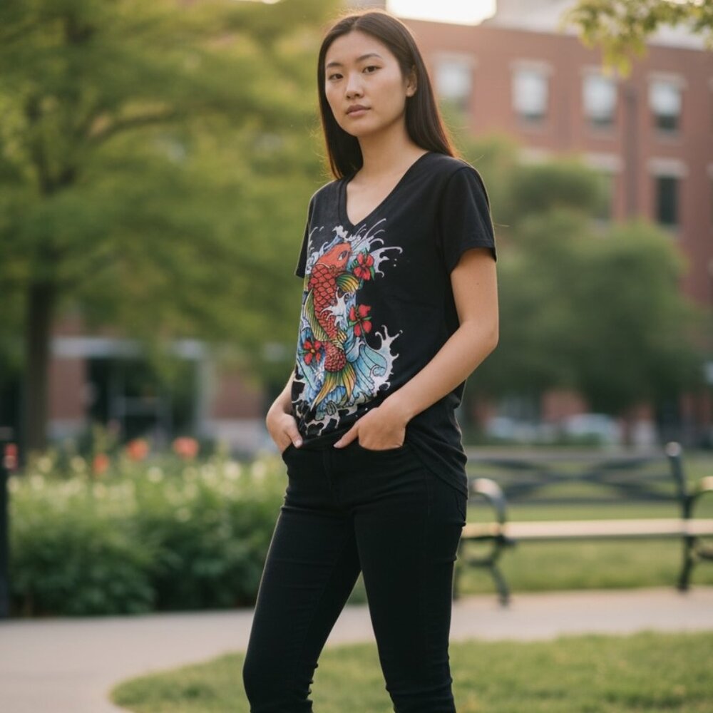 Truly Madly Deeply Black Koi Fish T-Shirt Top M 100% Cotton Urban Outfitters Vtg